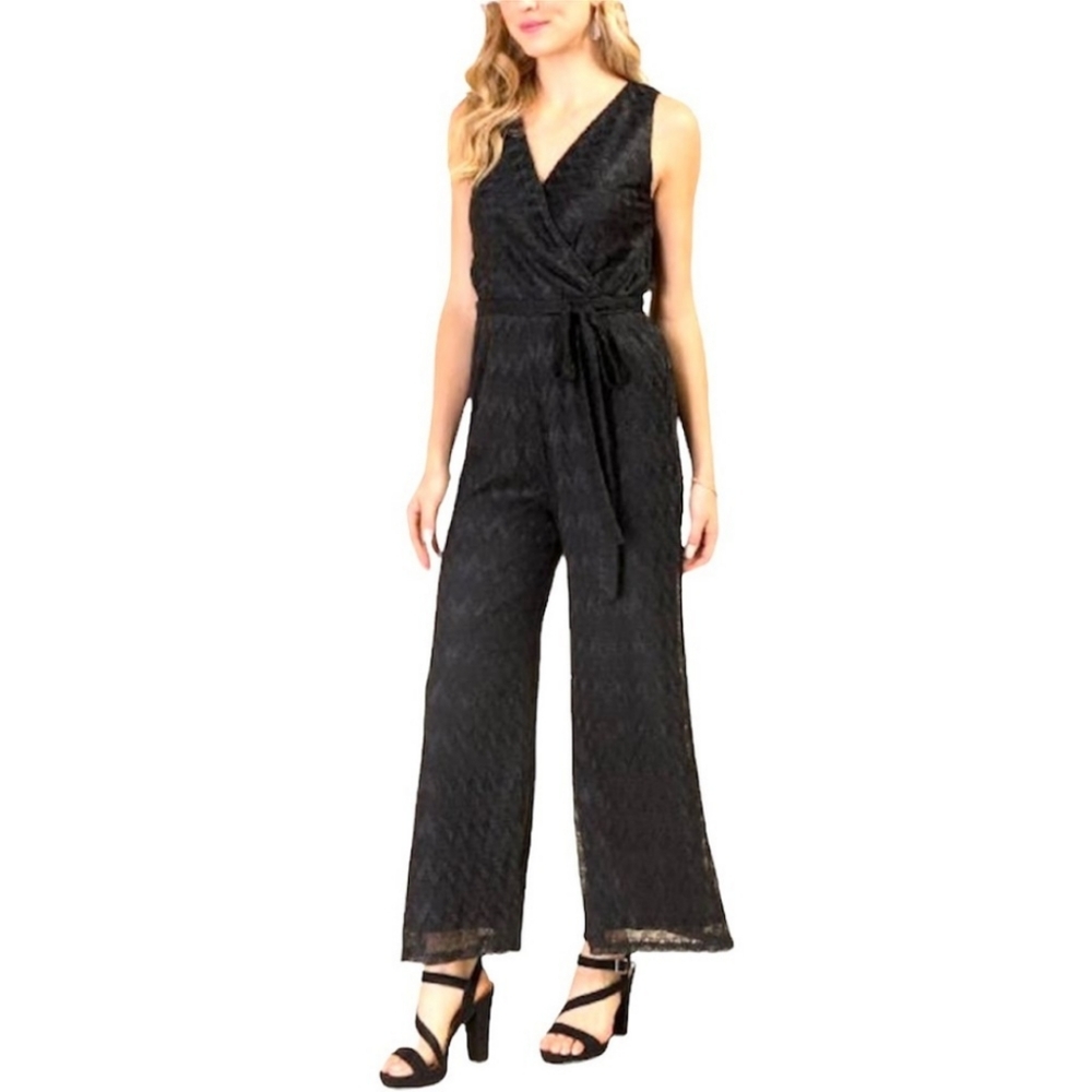 Alya black lace Chevron jumpsuit with v neck. Lined and tank straps, keyhole cut